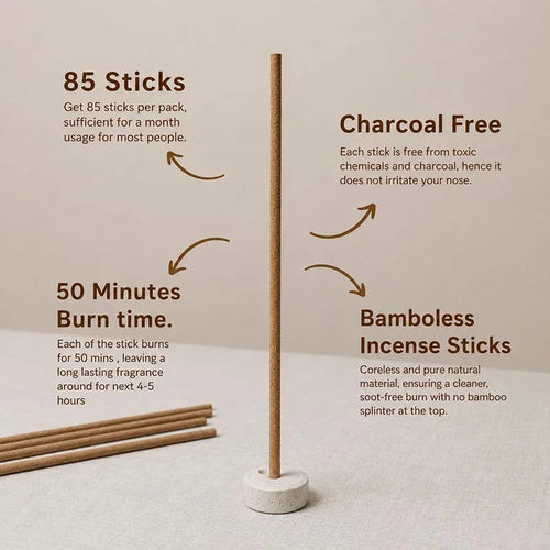 A bamboo incense stick stands upright in a small round holder on a light surface, with several sticks laid horizontally at the lower left. Text callouts describe the pack size of 85 sticks, charcoal-free quality, 50-minute burn time, and bambooless incense sticks.